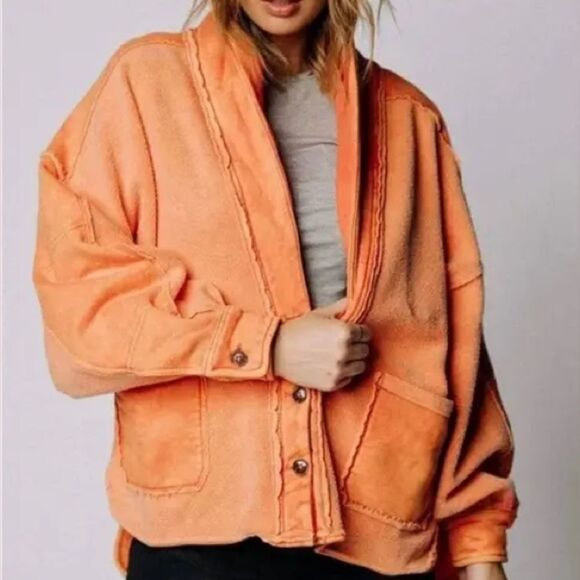 Free people | Jordan oversized distressed Orange Women's Jacket | size medium - Picture 2 of 9